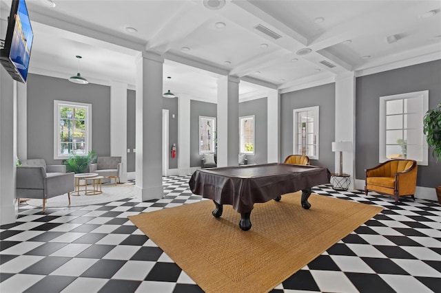 rec room featuring coffered ceiling, baseboards, visible vents, decorative columns, and tile patterned floors