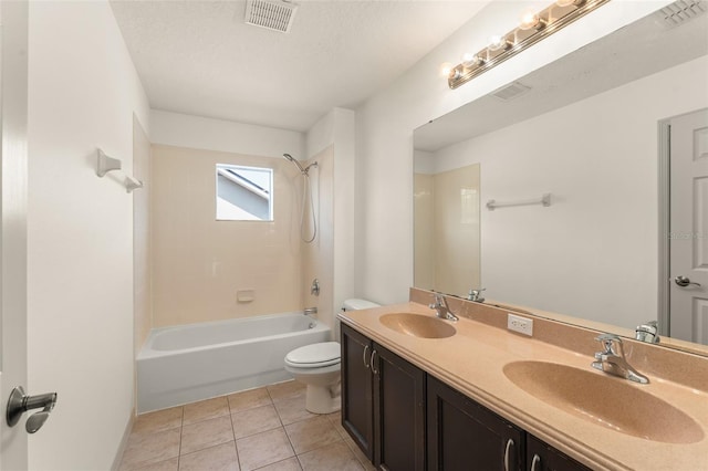 bathroom with toilet, tile patterned flooring, shower / washtub combination, double vanity, and baseboards