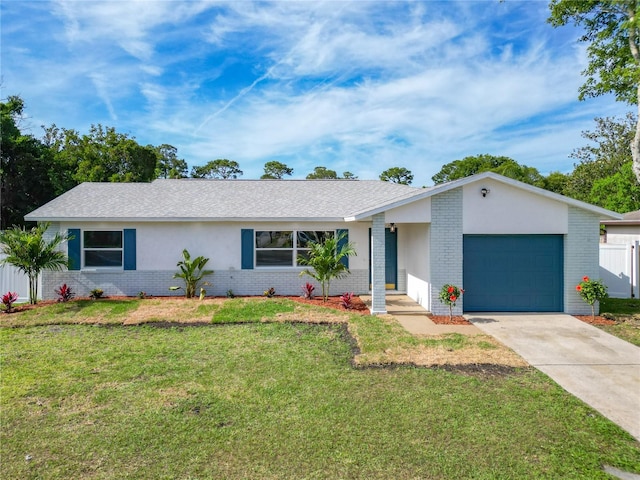 ranch-style house with an attached garage, brick siding, driveway, and a front yard