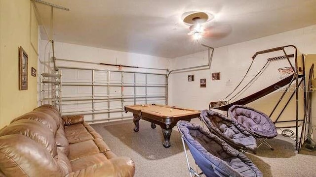 game room with a garage, carpet flooring, and pool table