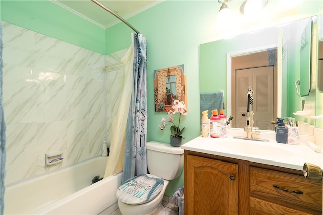 7418 Riverbank Dr, New Port Richey, FL 34655 - bathroom featuring toilet, shower / tub combo with curtain, vanity, and crown molding