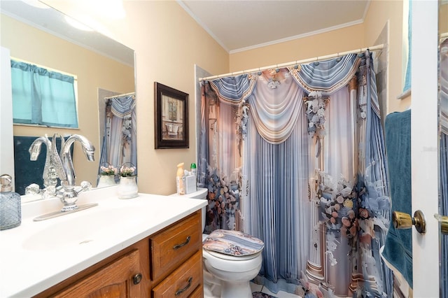 7418 Riverbank Dr, New Port Richey, FL 34655 - full bathroom featuring toilet, crown molding, and vanity