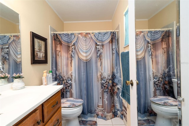 7418 Riverbank Dr, New Port Richey, FL 34655 - bathroom with toilet, crown molding, vanity, and tile patterned flooring