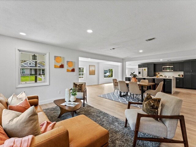 2205 Pine Island Dr, New Smyrna Beach, FL 32168 - living room featuring recessed lighting, a textured ceiling, light wood-type flooring, and baseboards