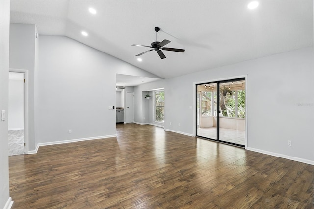 unfurnished living room featuring a ceiling fan, recessed lighting, baseboards, high vaulted ceiling, and wood finished floors