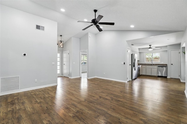 unfurnished living room featuring high vaulted ceiling, a ceiling fan, visible vents, and recessed lighting