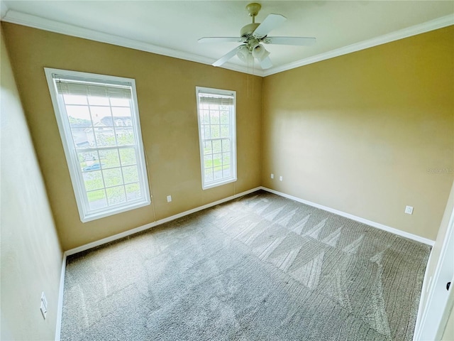 spare room with crown molding, baseboards, a ceiling fan, and carpet floors