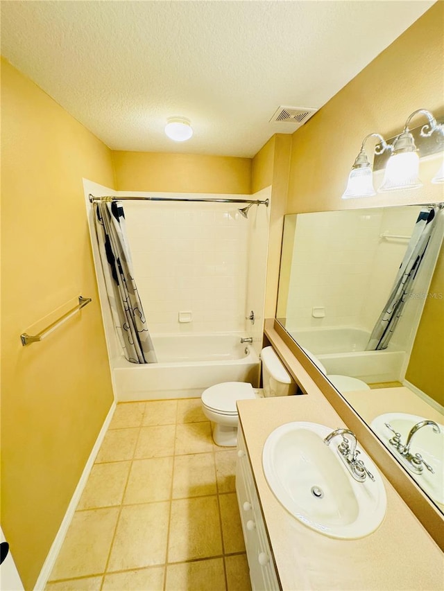 full bath with toilet, shower / bath combo with shower curtain, a textured ceiling, visible vents, and vanity