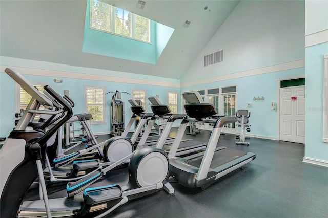 exercise room with a skylight, high vaulted ceiling, and baseboards