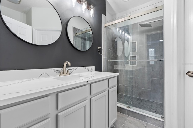 bathroom with vanity, a shower stall, and tile patterned floors