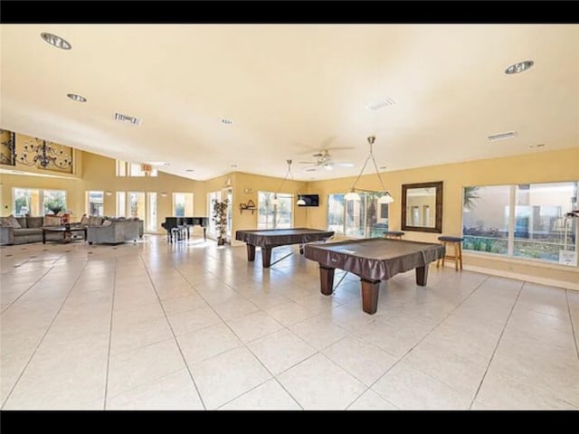 4333 Bayside Village Dr Unit 310, Tampa, FL 33615 - playroom with light tile patterned flooring, billiards, lofted ceiling, and a ceiling fan