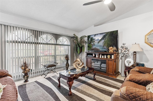 5113 Sage Way, Kissimmee, FL 34758 - living area featuring lofted ceiling, ceiling fan, and tile patterned floors
