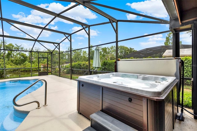 view of patio / terrace with an outdoor pool, glass enclosure, and a hot tub