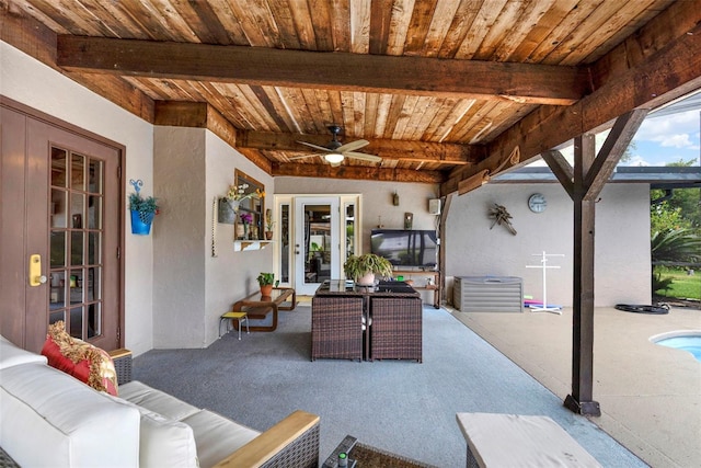 view of patio / terrace featuring a ceiling fan, central AC, an outdoor pool, and outdoor lounge area