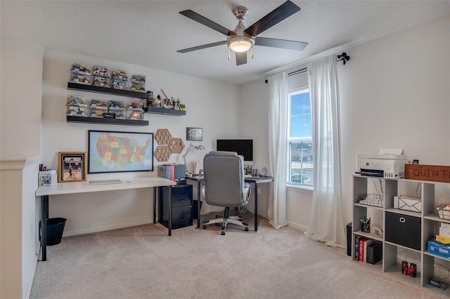 office space featuring baseboards, a ceiling fan, carpet, and a textured ceiling