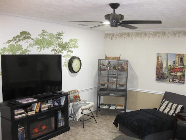 7026 Lenape Cir, New Port Richey, FL 34653 - living area featuring ceiling fan, carpet flooring, and a textured ceiling