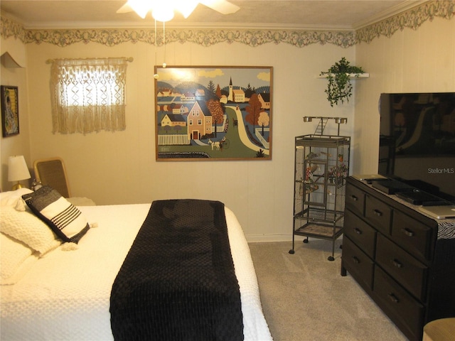 7026 Lenape Cir, New Port Richey, FL 34653 - bedroom featuring ornamental molding, carpet, and ceiling fan