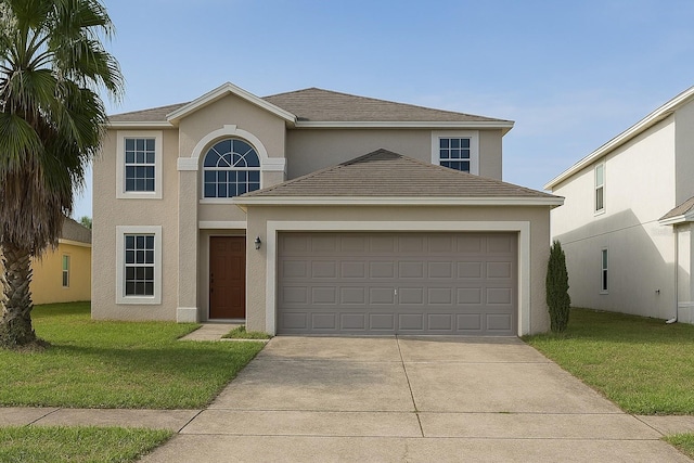traditional-style house with an attached garage, stucco siding, driveway, and a front yard