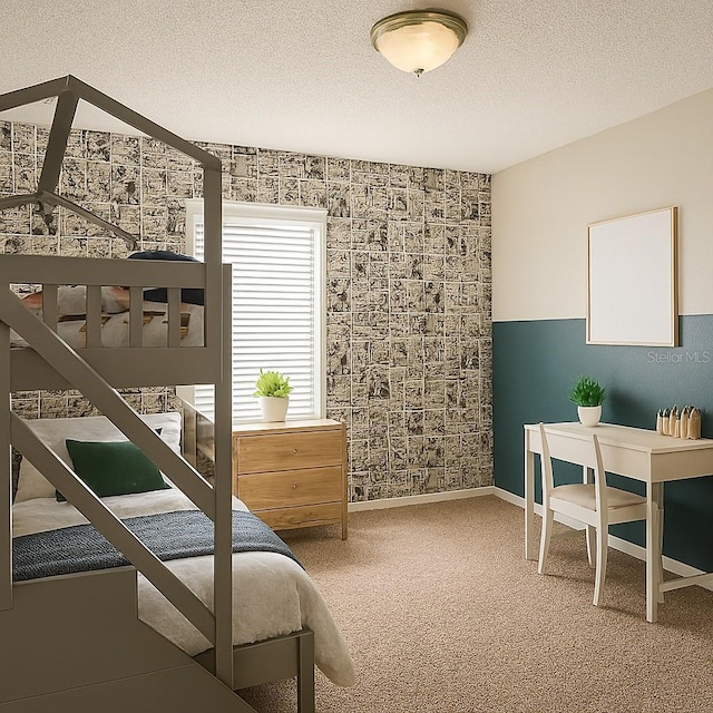 carpeted bedroom featuring baseboards and a textured ceiling