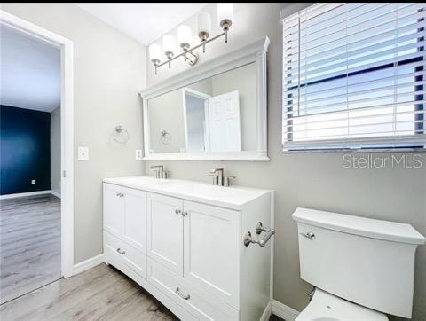 bathroom featuring double vanity, baseboards, a sink, and wood finished floors