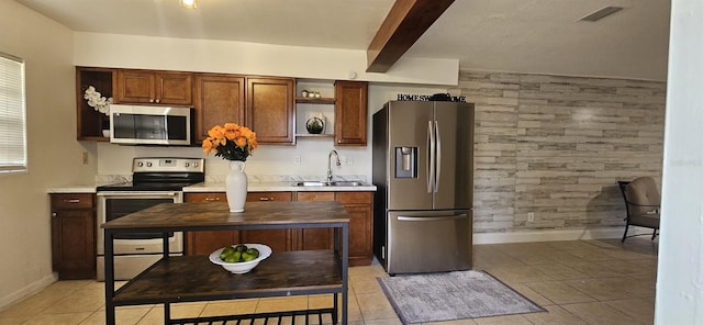 kitchen with visible vents, appliances with stainless steel finishes, open shelves, a sink, and baseboards