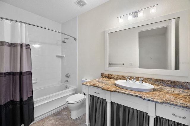 full bath with vanity, shower / bathtub combination with curtain, toilet, and visible vents