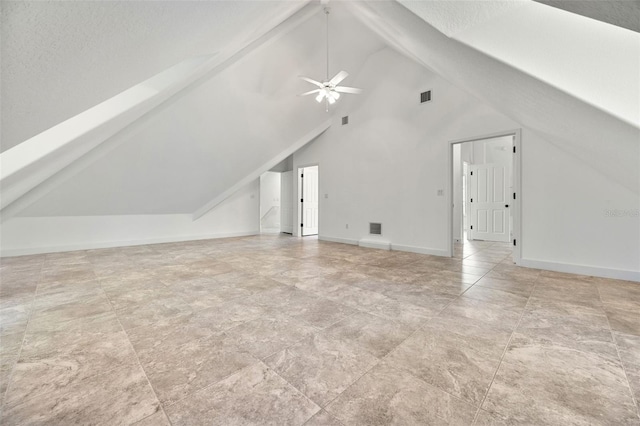 bonus room featuring baseboards, a ceiling fan, vaulted ceiling, and visible vents
