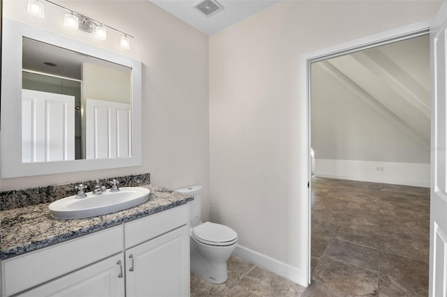bathroom featuring vanity, baseboards, toilet, and visible vents