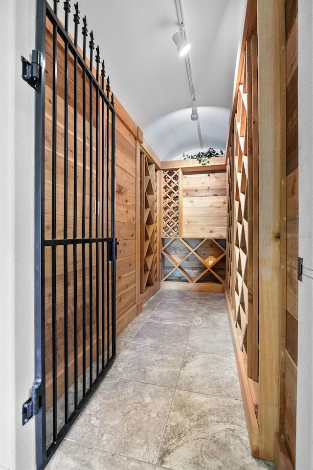 wine cellar with track lighting, wood walls, and vaulted ceiling