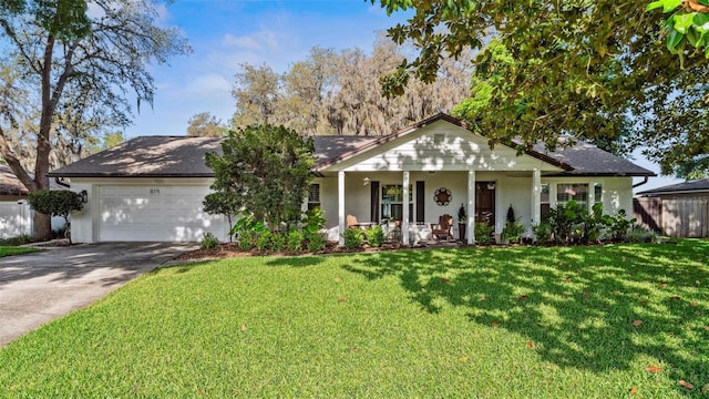 819 E Harbour Ct, Ocoee, FL 34761 - ranch-style home featuring fence, covered porch, a garage, concrete driveway, and a front lawn