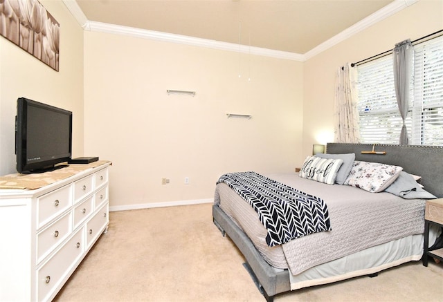bedroom with crown molding, light colored carpet, attic access, and baseboards