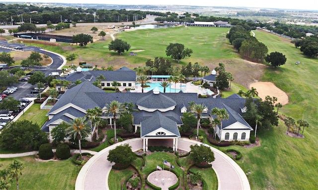 aerial view of a golf club and a pool area