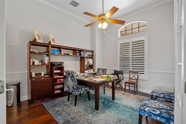 5108 Sailwind Cir, Orlando, FL 32810 - office with crown molding, dark wood-style flooring, ceiling fan, and baseboards
