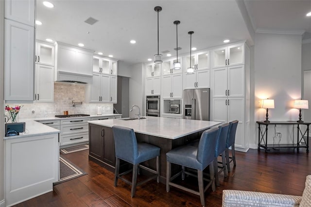 5108 Sailwind Cir, Orlando, FL 32810 - kitchen featuring appliances with stainless steel finishes, ornamental molding, a sink, tasteful backsplash, and dark wood-style floors