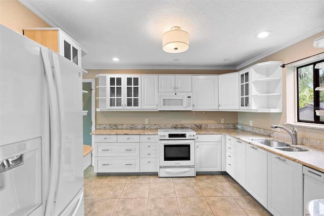 kitchen featuring a sink, open shelves, white cabinets, white appliances, and ornamental molding