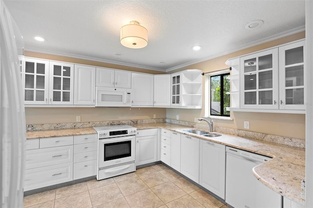kitchen featuring ornamental molding, white appliances, a sink, open shelves, and white cabinets