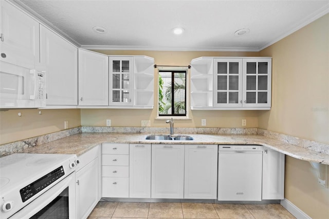 kitchen with white cabinetry, white appliances, open shelves, and a sink