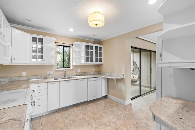 kitchen with a sink, white appliances, ornamental molding, open shelves, and white cabinets
