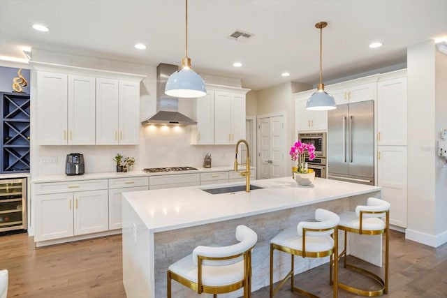 1831 Mizell Ave, Winter Park, FL 32789 - kitchen featuring wine cooler, a sink, wall chimney exhaust hood, built in appliances, and white cabinets
