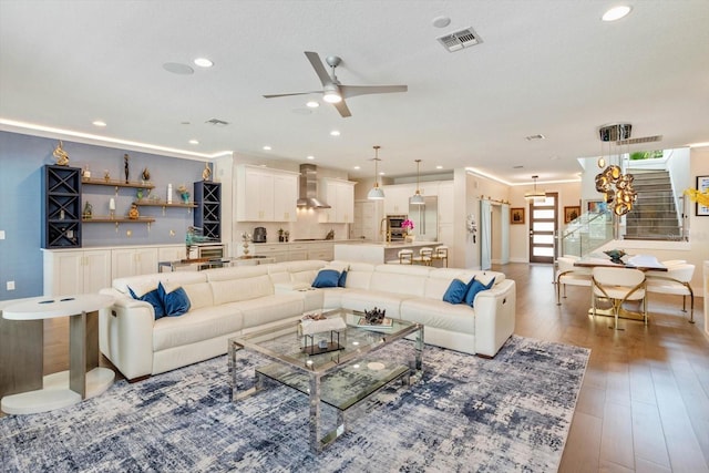1831 Mizell Ave, Winter Park, FL 32789 - living area featuring stairway, a ceiling fan, recessed lighting, and wood finished floors