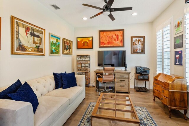 1831 Mizell Ave, Winter Park, FL 32789 - living room featuring a ceiling fan, an office area, light wood-type flooring, and recessed lighting