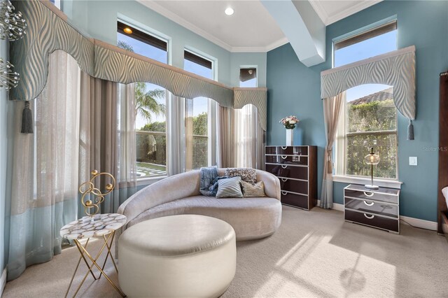 sitting room featuring a high ceiling, baseboards, ornamental molding, and carpet floors