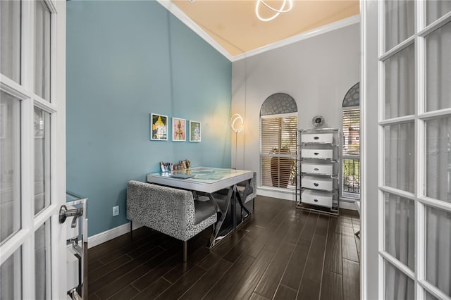 office with crown molding, baseboards, dark wood-style floors, and french doors
