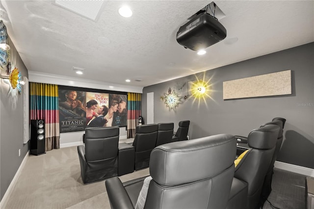 cinema room featuring a textured ceiling, carpet, baseboards, and recessed lighting