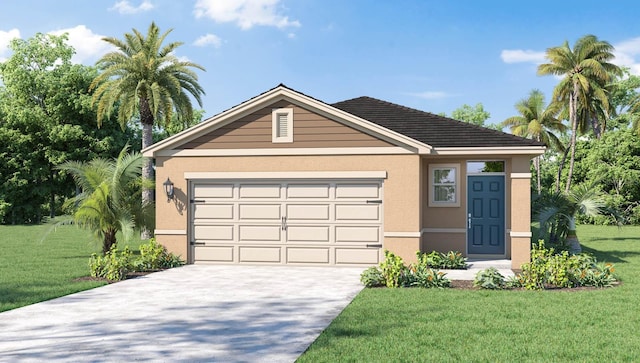 view of front of house with a front lawn, driveway, stucco siding, and an attached garage