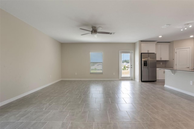 unfurnished living room featuring visible vents, baseboards, ceiling fan, and recessed lighting