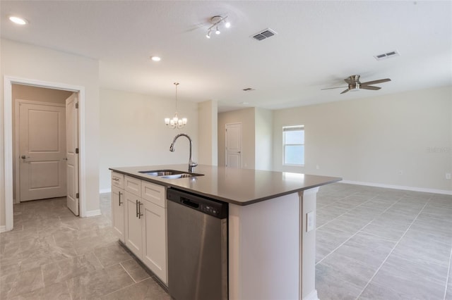 kitchen featuring a sink, white cabinets, a kitchen island with sink, visible vents, and dishwasher