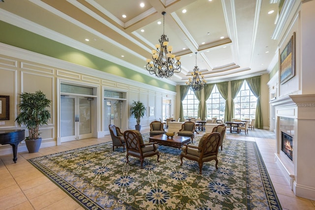 11908 Fiore Dr Unit 1, Orlando, FL 32827 - community lobby with a decorative wall, a towering ceiling, coffered ceiling, ornamental molding, and beamed ceiling