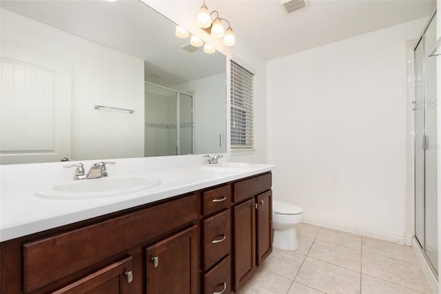 full bath featuring tile patterned flooring, a shower stall, double vanity, and toilet