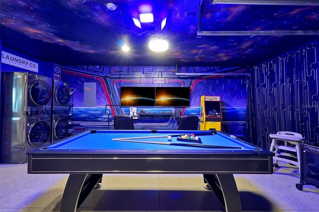 2624 Daulby St, Kissimmee, FL 34747 - playroom featuring stacked washing machine and dryer and billiards table